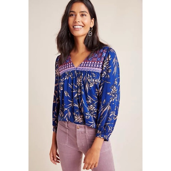 Anthropologie Tops - By Anthropologie Women's Indigo Floral Embroidered Peasant‎ Top Size XS